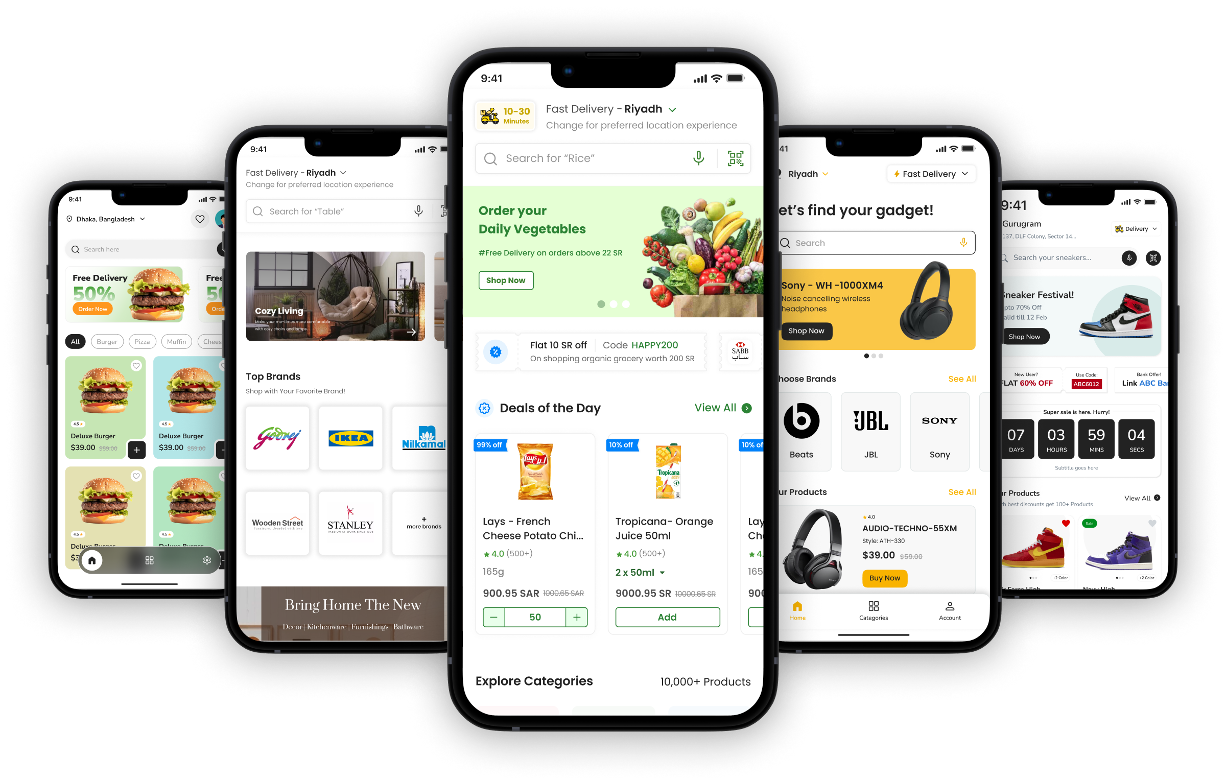 Industry Themes Showcase - Food Delivery, Home & Living, Grocery, Electronics, and Sneakers Themes